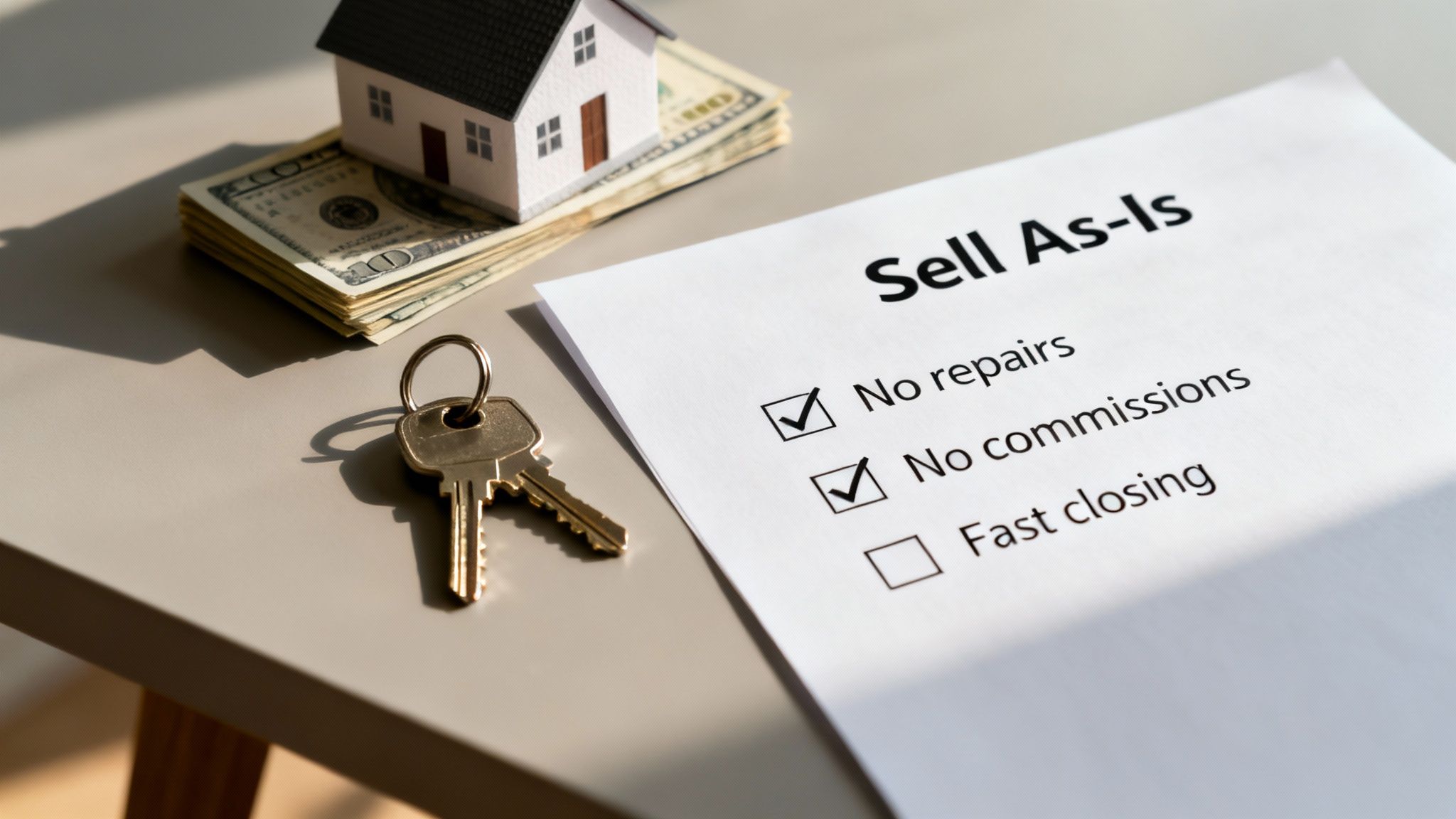 A 'Sell As-Is' document with checked options for no repairs and no commissions, next to a house model, money, and keys.