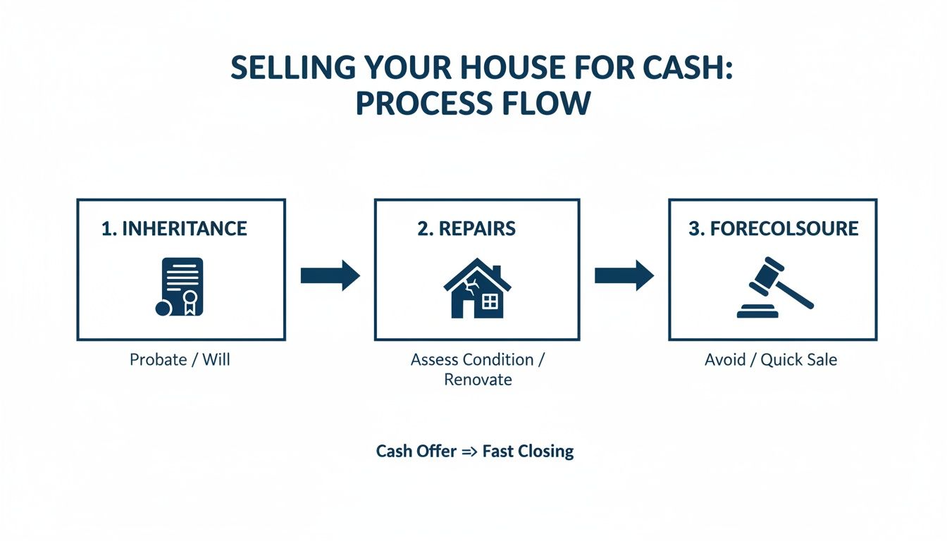 Process flow for selling a house for cash due to inheritance, repairs, or foreclosure scenarios.