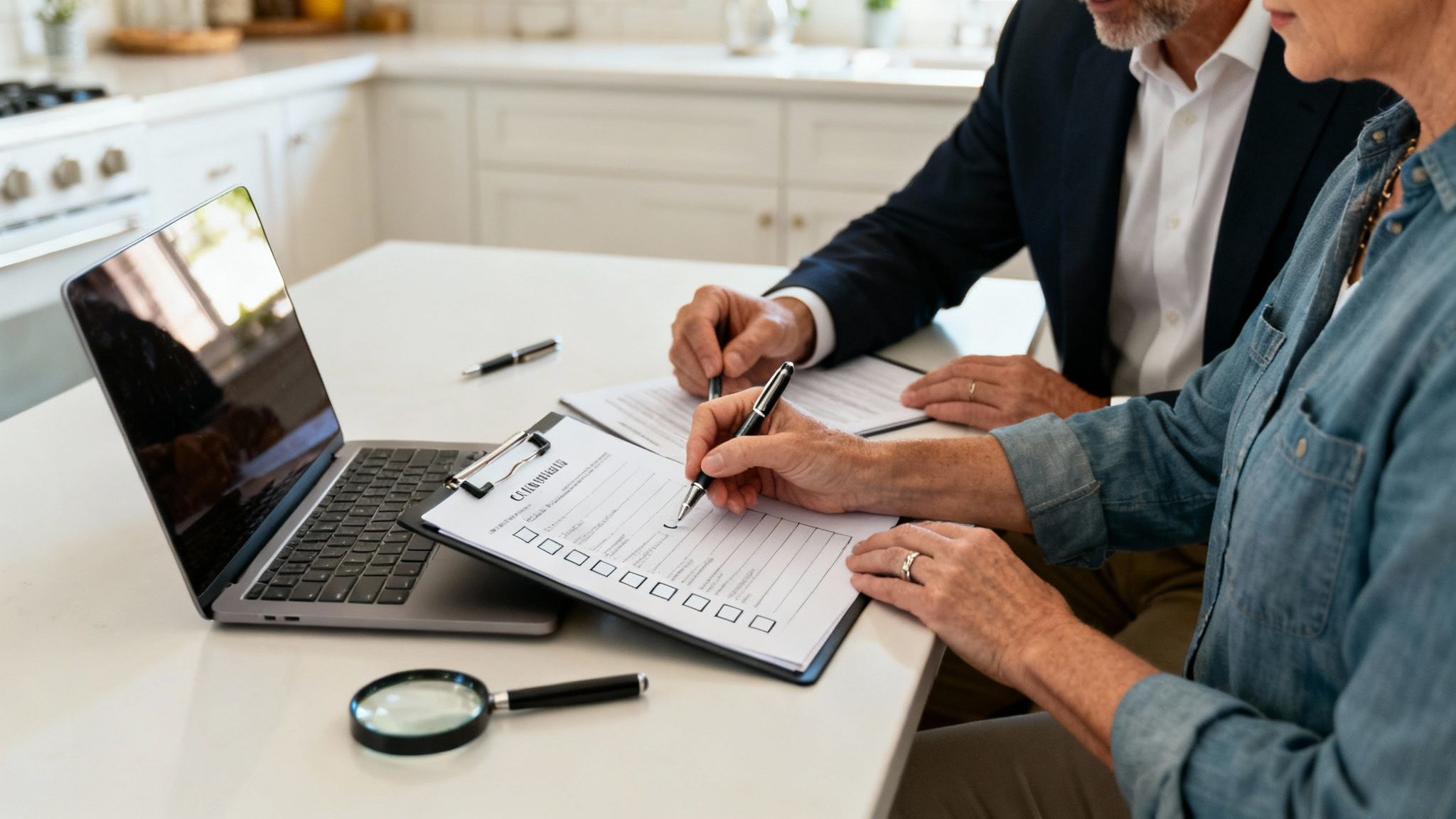 An older couple reviewing documents and forms with a laptop and magnifying glass on a white table.