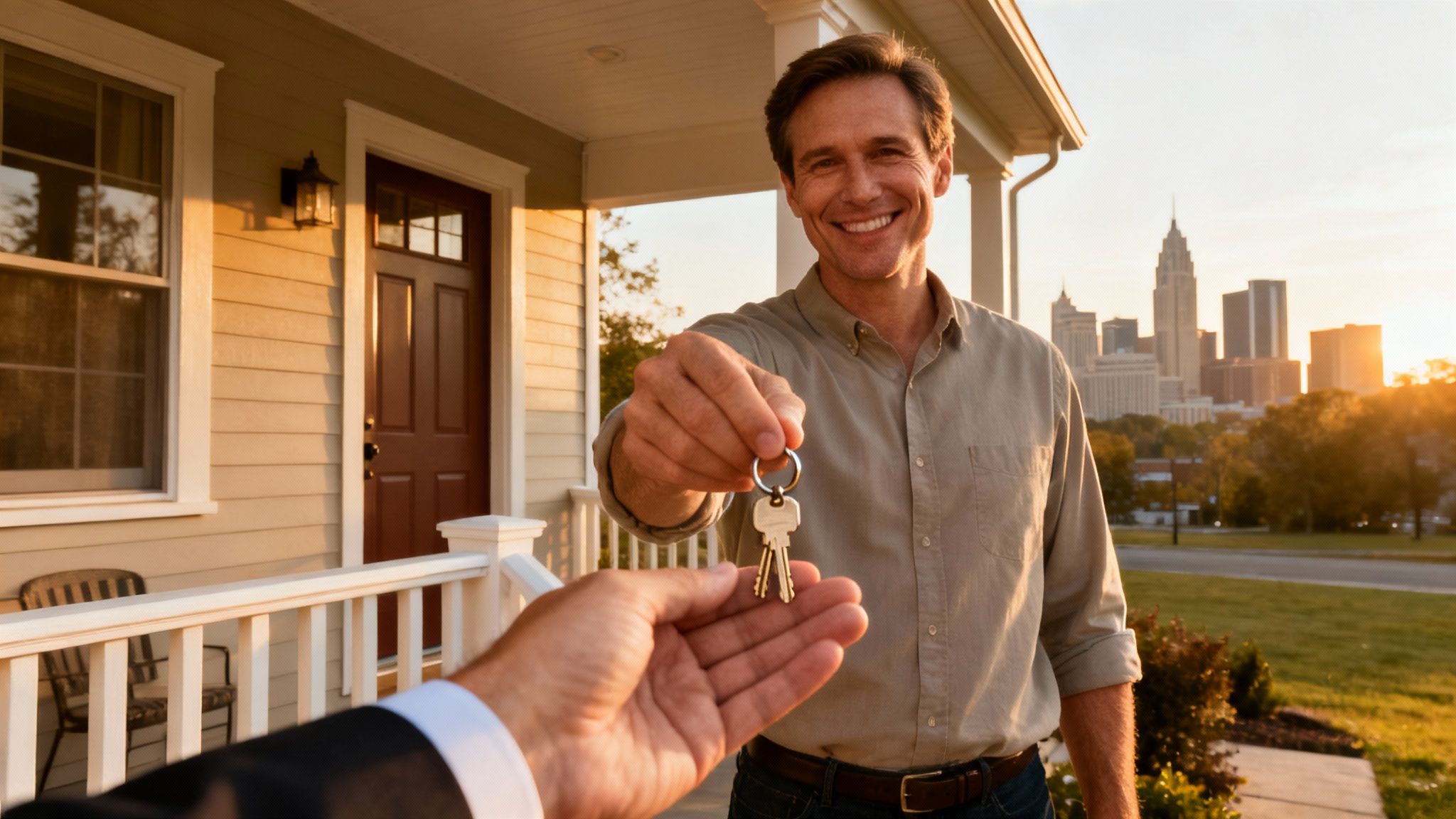 Smiling man hands house keys to a buyer in front of a new home with a city skyline.