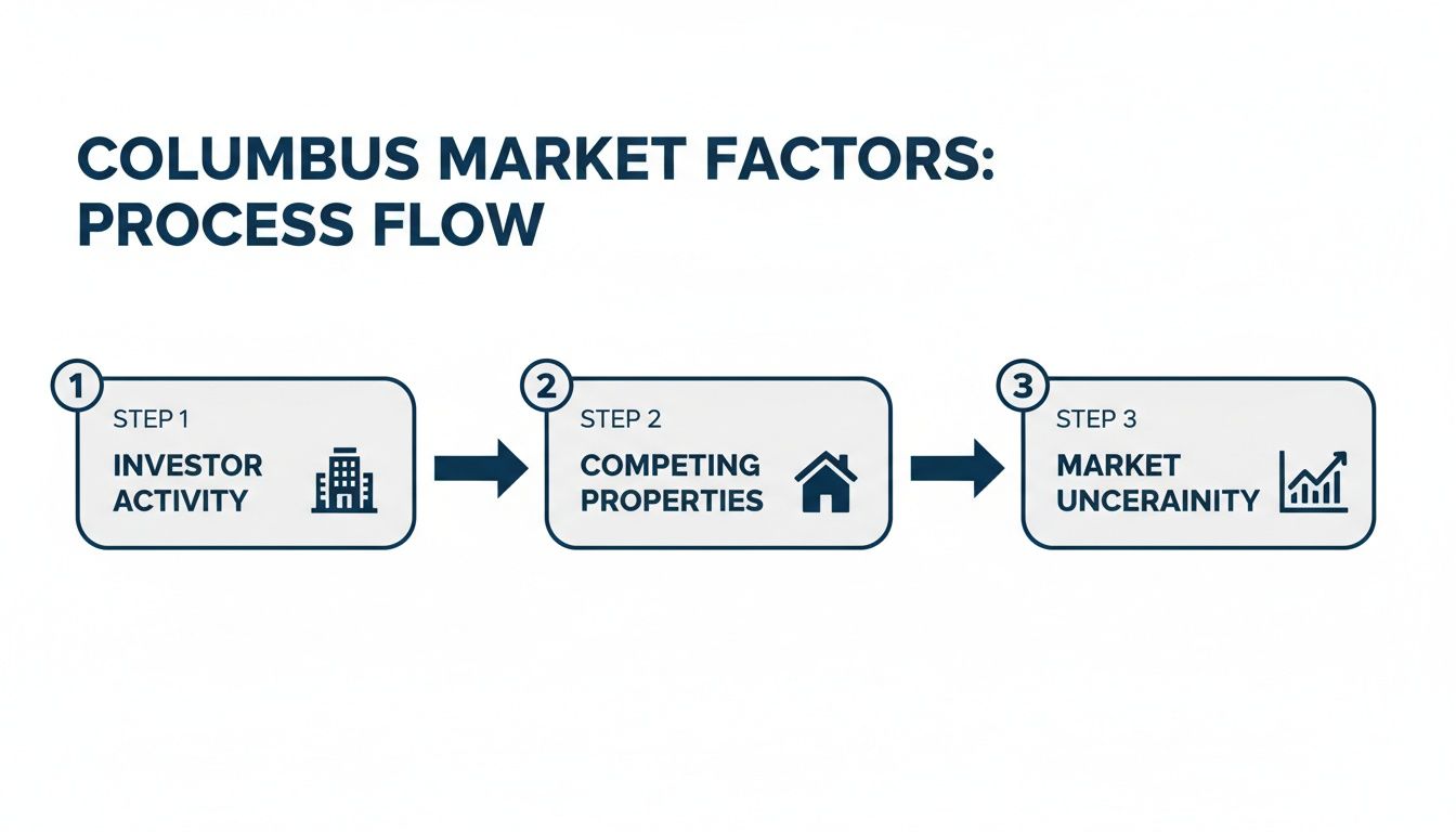Flowchart illustrating Columbus market factors, detailing investor activity, competing properties, and market uncertainty.