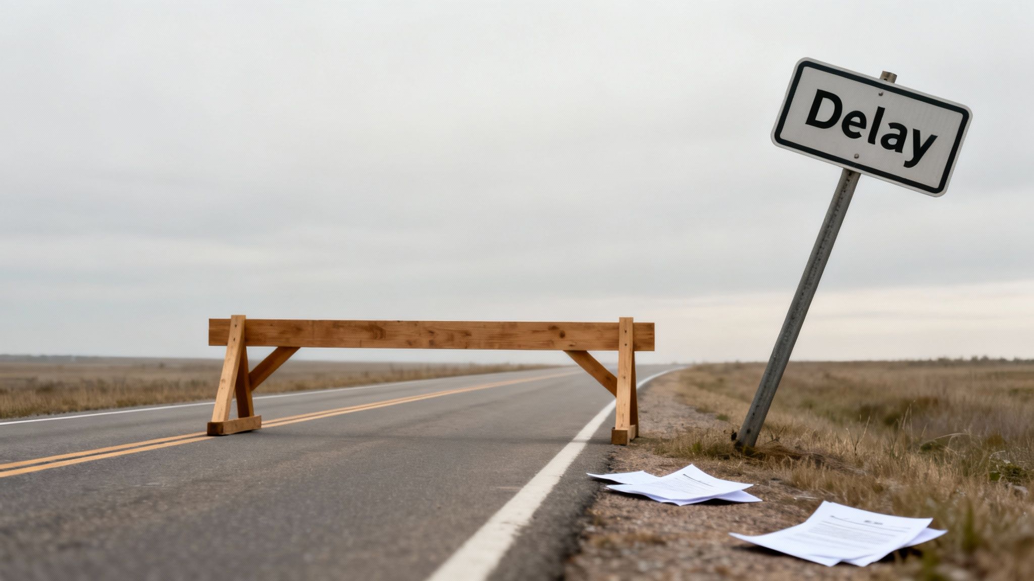 A wooden barrier blocks an empty road, next to a leaning 'Delay' sign and scattered papers.