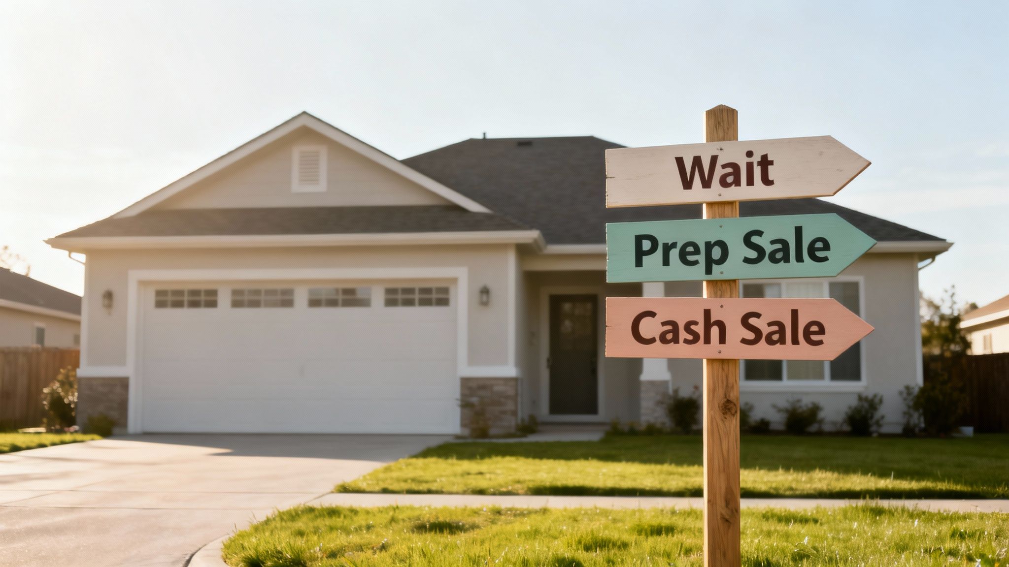 Signpost in front of a modern house offering three choices: Wait, Prep Sale, or Cash Sale.