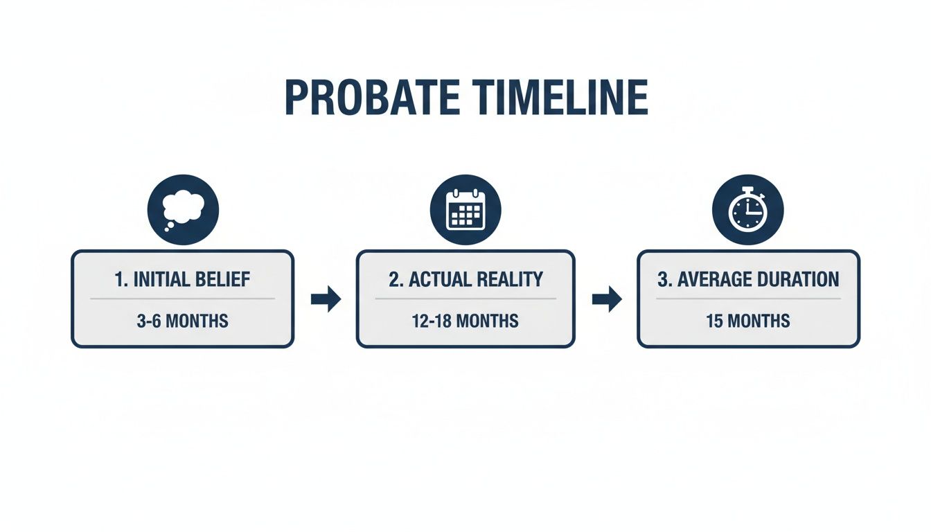 Probate timeline infographic showing the difference between initial belief and actual duration.