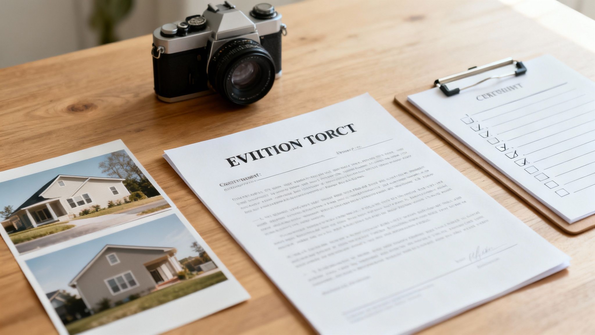 A desk with eviction documents, house photos, a checklist, and a vintage camera.