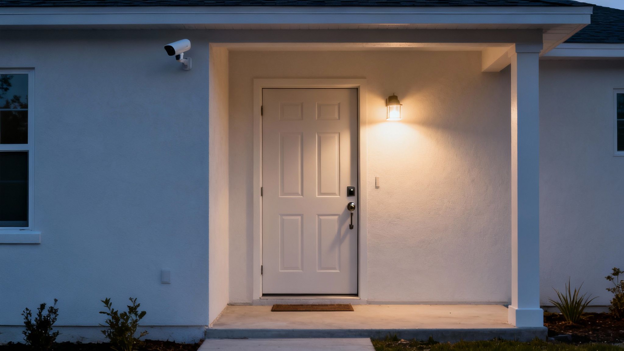 Modern home entrance at dusk, with a white door, illuminated porch light, and security camera.