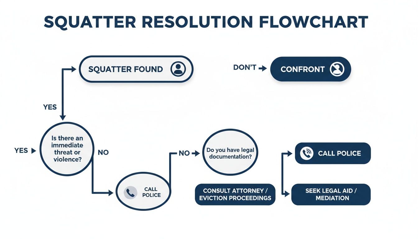 Flowchart detailing the process for resolving squatter issues, emphasizing not to confront and involving authorities.