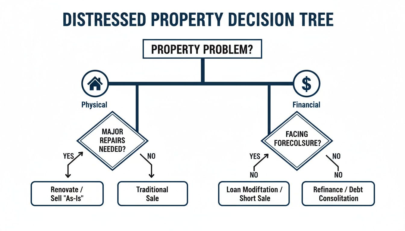 A decision tree flow chart outlining options for distressed properties based on physical or financial problems.