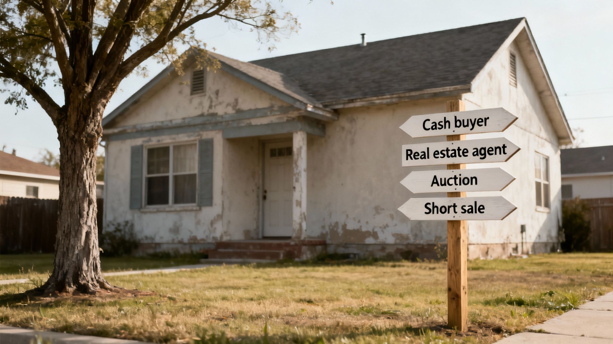A weathered house with a signpost offering options like cash buyer, real estate agent, auction, short sale.
