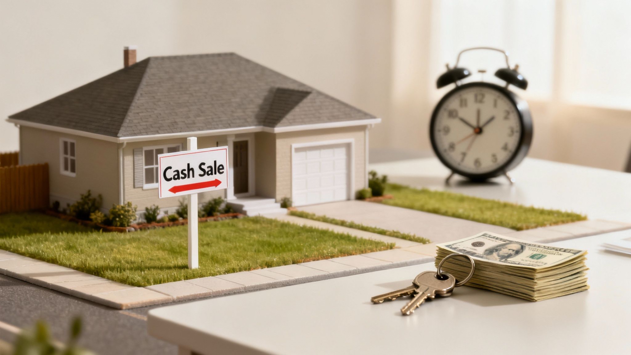 Miniature house with a 'Cash Sale' sign, keys, money, and an alarm clock on a table.