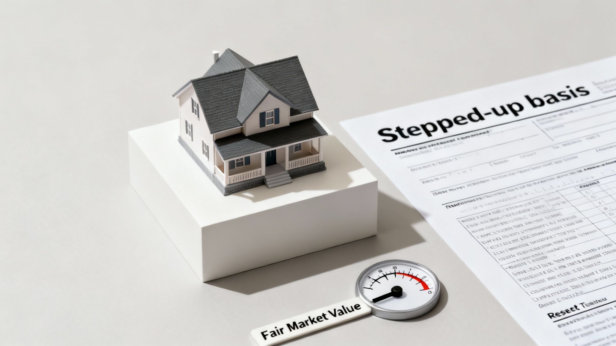 A miniature house with a 'Stepped-up basis' document and a 'Fair Market Value' gauge.