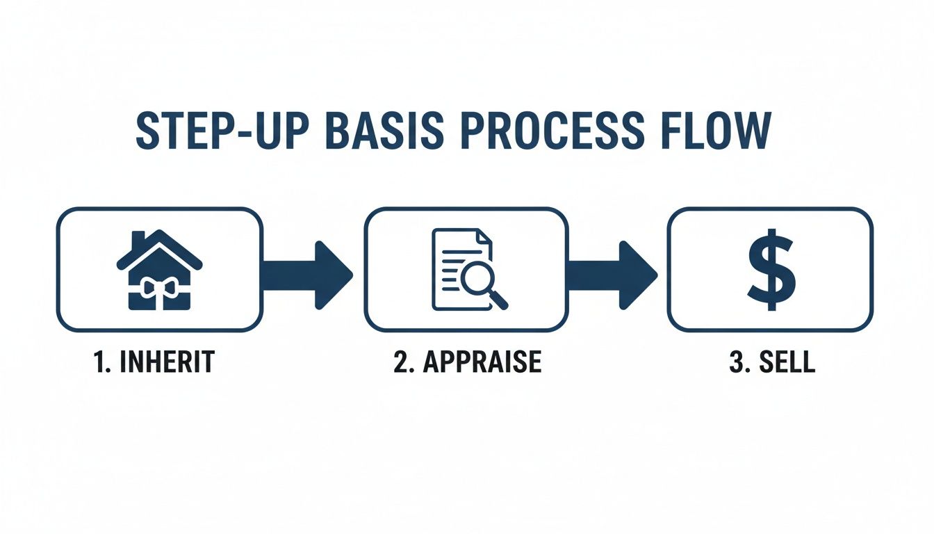 Flowchart illustrating the step-up basis process: inherit property, appraise its value, then sell it.
