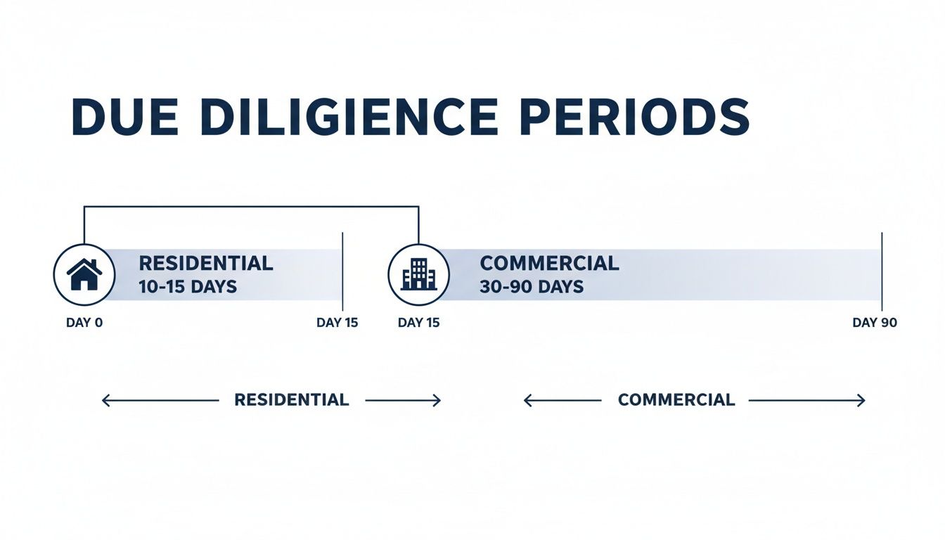 A timeline diagram showing residential (10-15 days) and commercial (30-90 days) real estate due diligence periods.