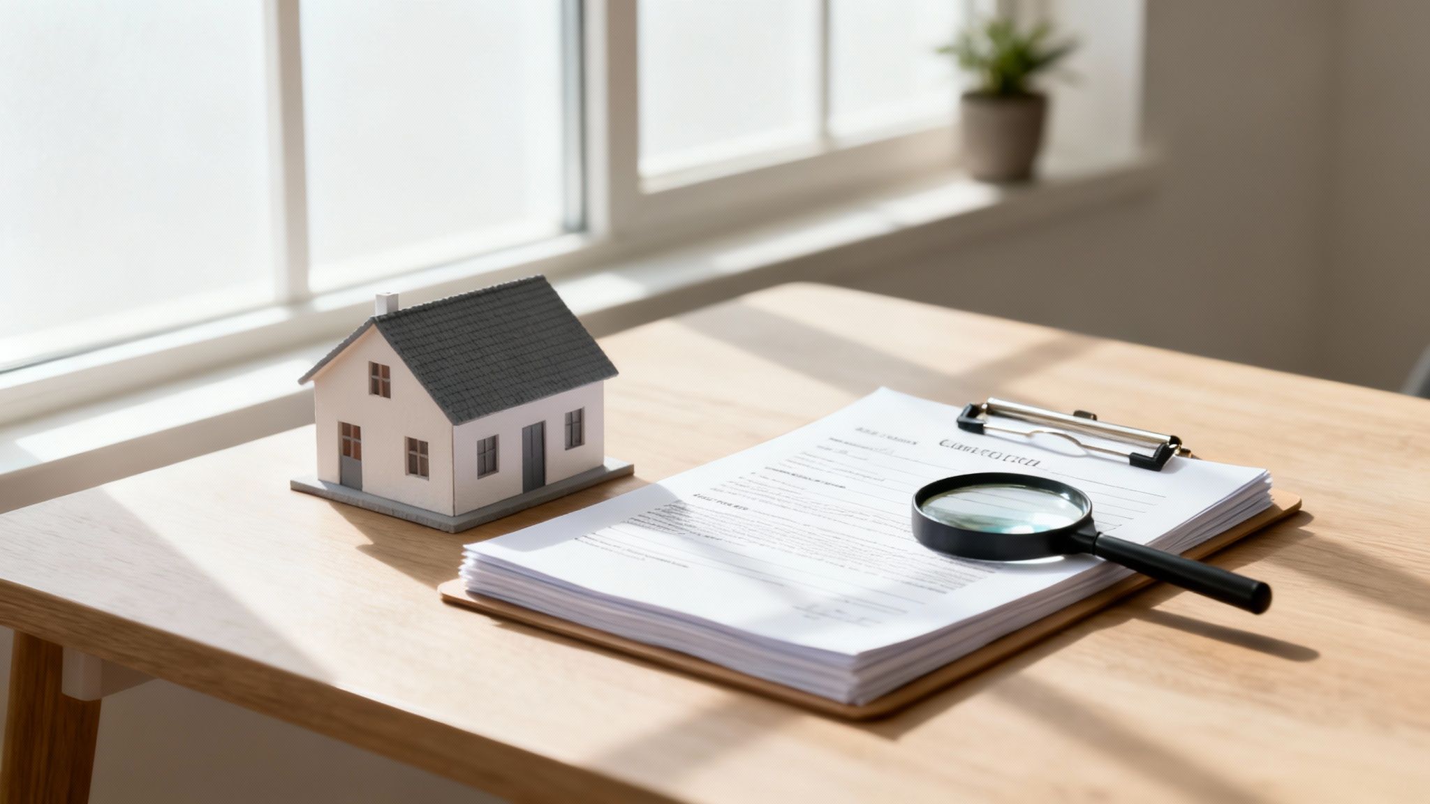 Small house model, documents with a magnifying glass on a wooden desk near a window.