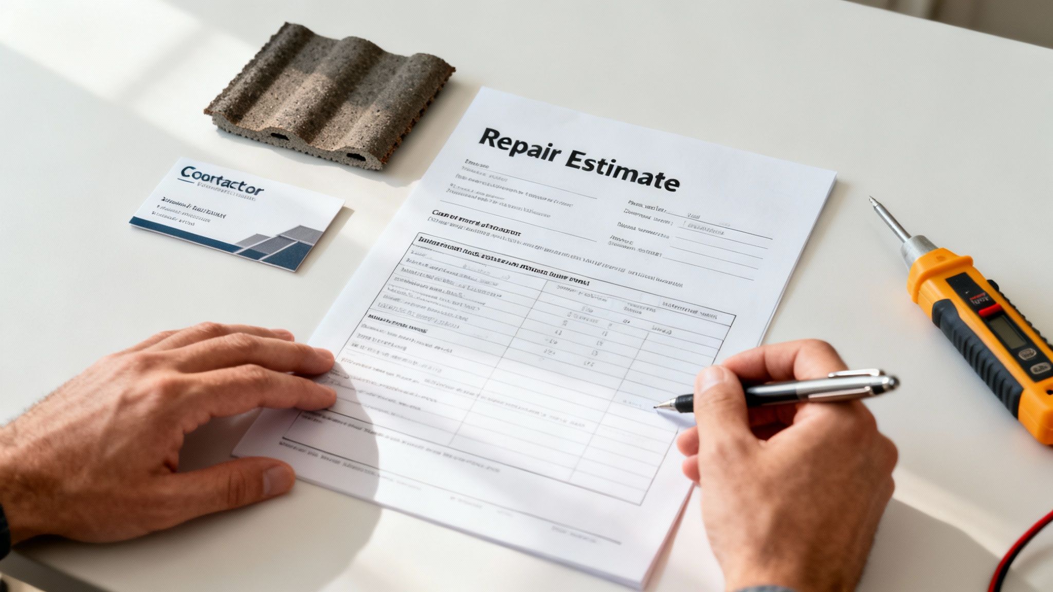 Hands fill out a repair estimate form on a desk with a business card, roofing tile, and tools.