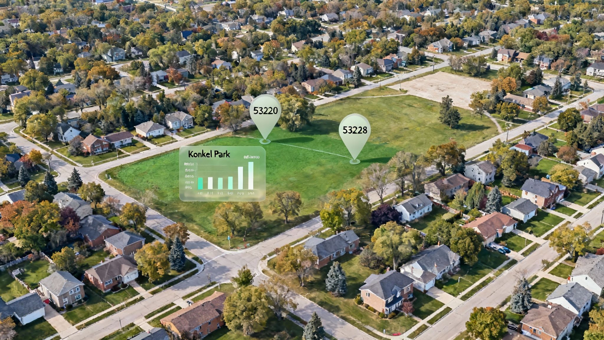 Aerial view of a suburban neighborhood showing houses, streets, autumn trees, and Konkel Park with data overlays.