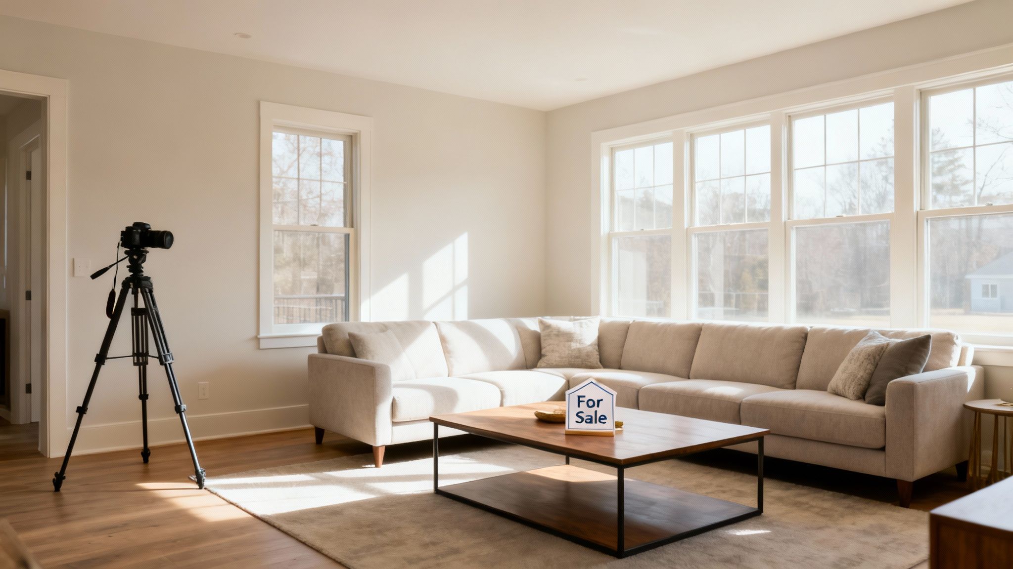 A bright, modern living room staged for sale, featuring a sectional sofa, coffee table, and a 'For Sale' sign.