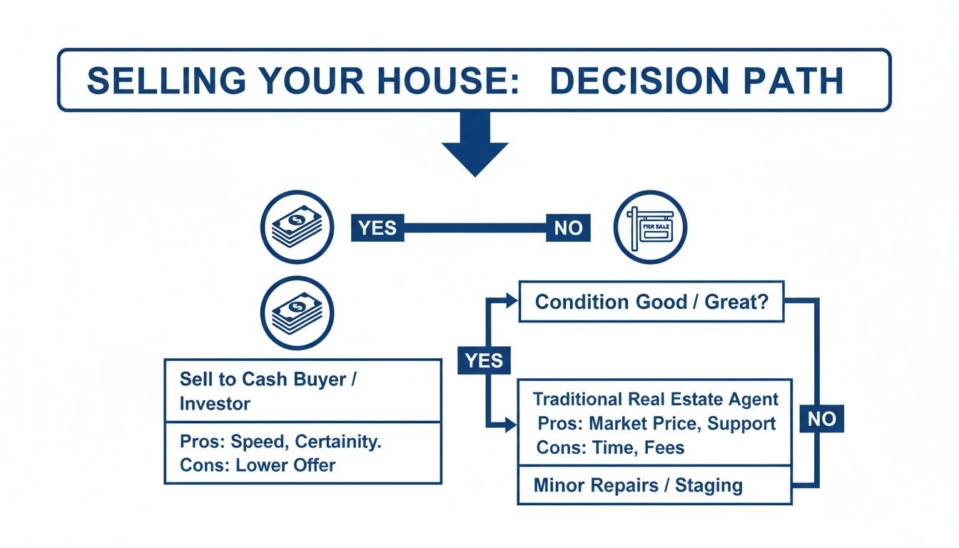 A flowchart outlining the decision path for selling a house, comparing cash buyers and traditional agents.