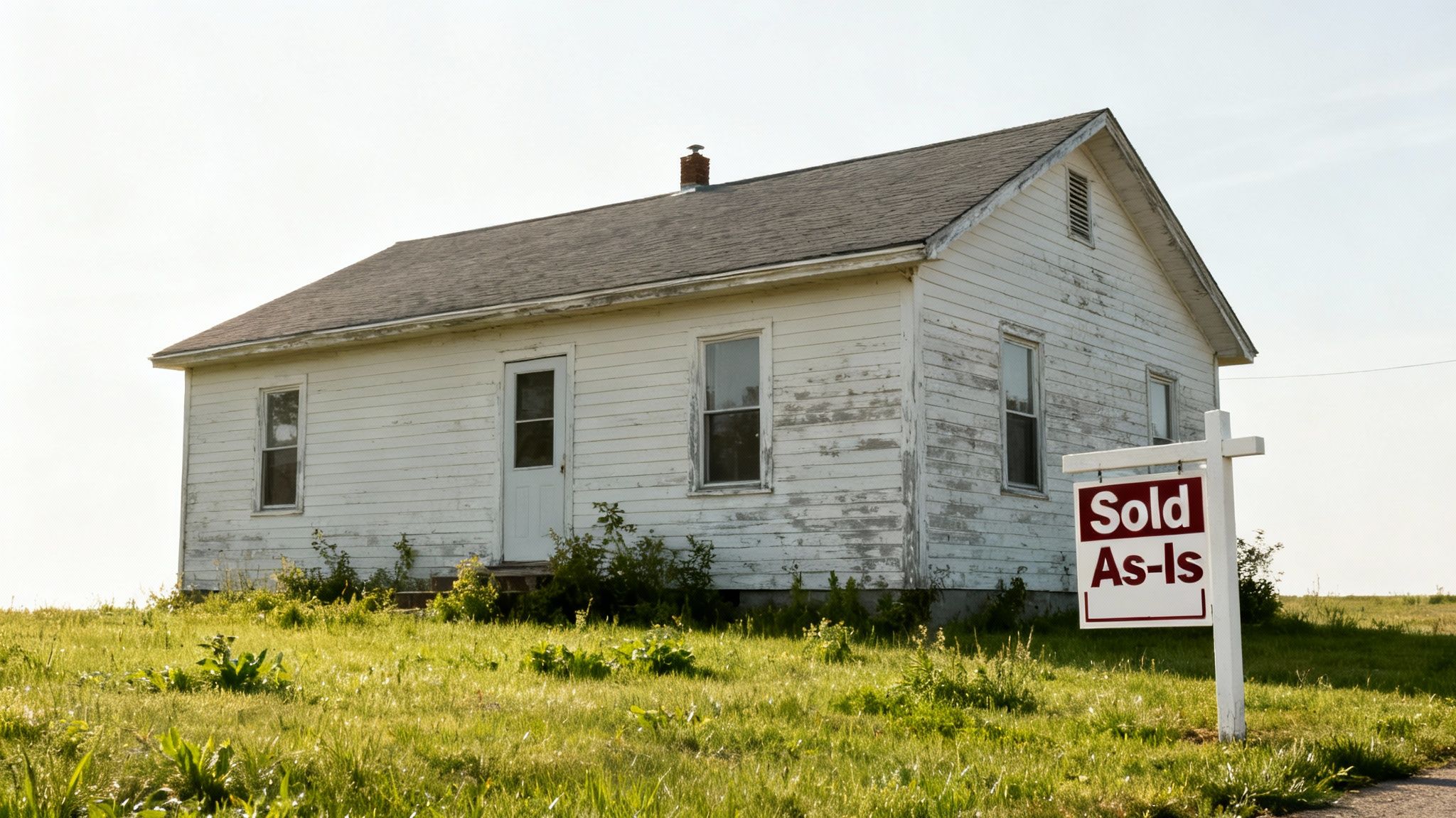 An old, weathered white house with a 'Sold As-Is' sign in a sunny green field.