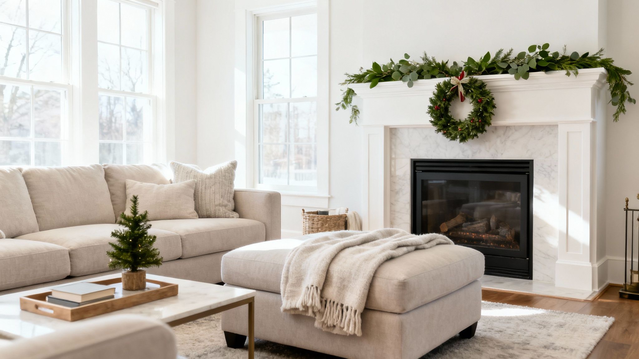 A bright and cozy living room decorated for the holidays with a sofa, fireplace, and Christmas greenery.