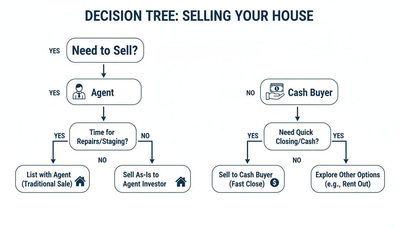 A decision tree flowchart outlining steps and options for selling a house, including agents and cash buyers.