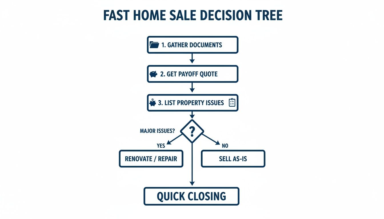 Decision tree flowchart for fast home sale: gather documents, list issues, decide to renovate/repair or sell as-is, leading to quick closing.