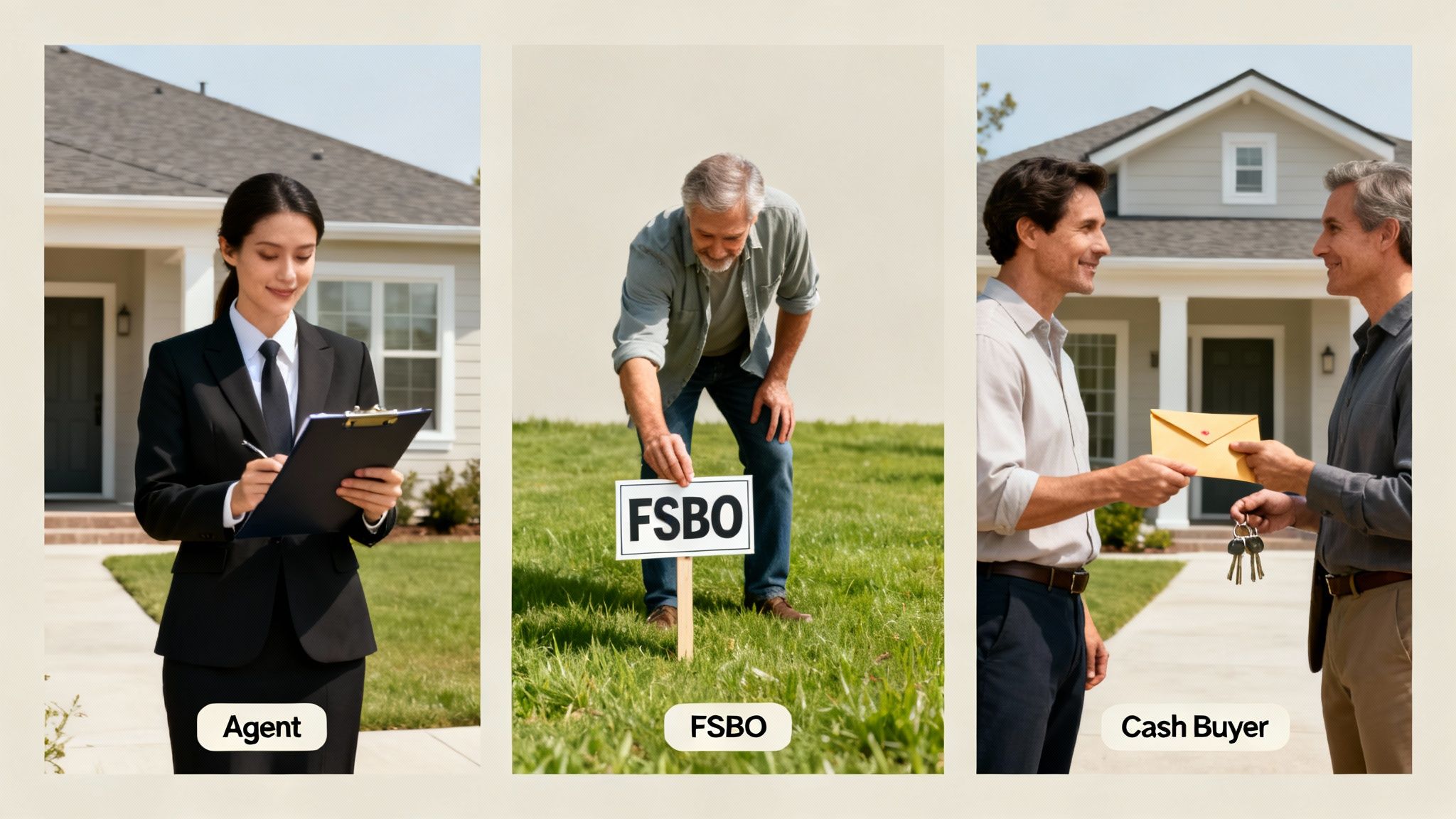 Three panels illustrate house selling options: an agent, an FSBO seller, and a cash buyer exchanging keys.
