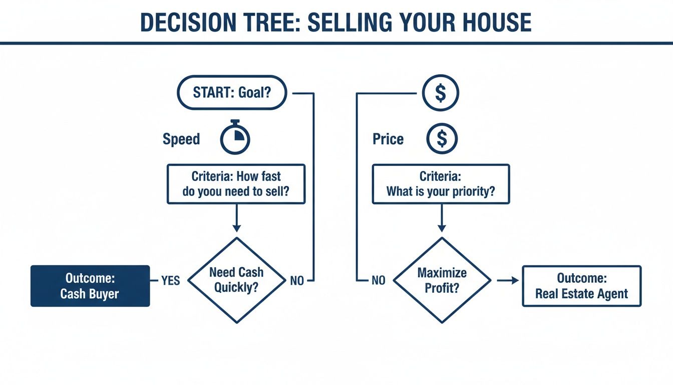 A decision tree flowchart for selling a house, offering paths based on speed or maximizing profit.
