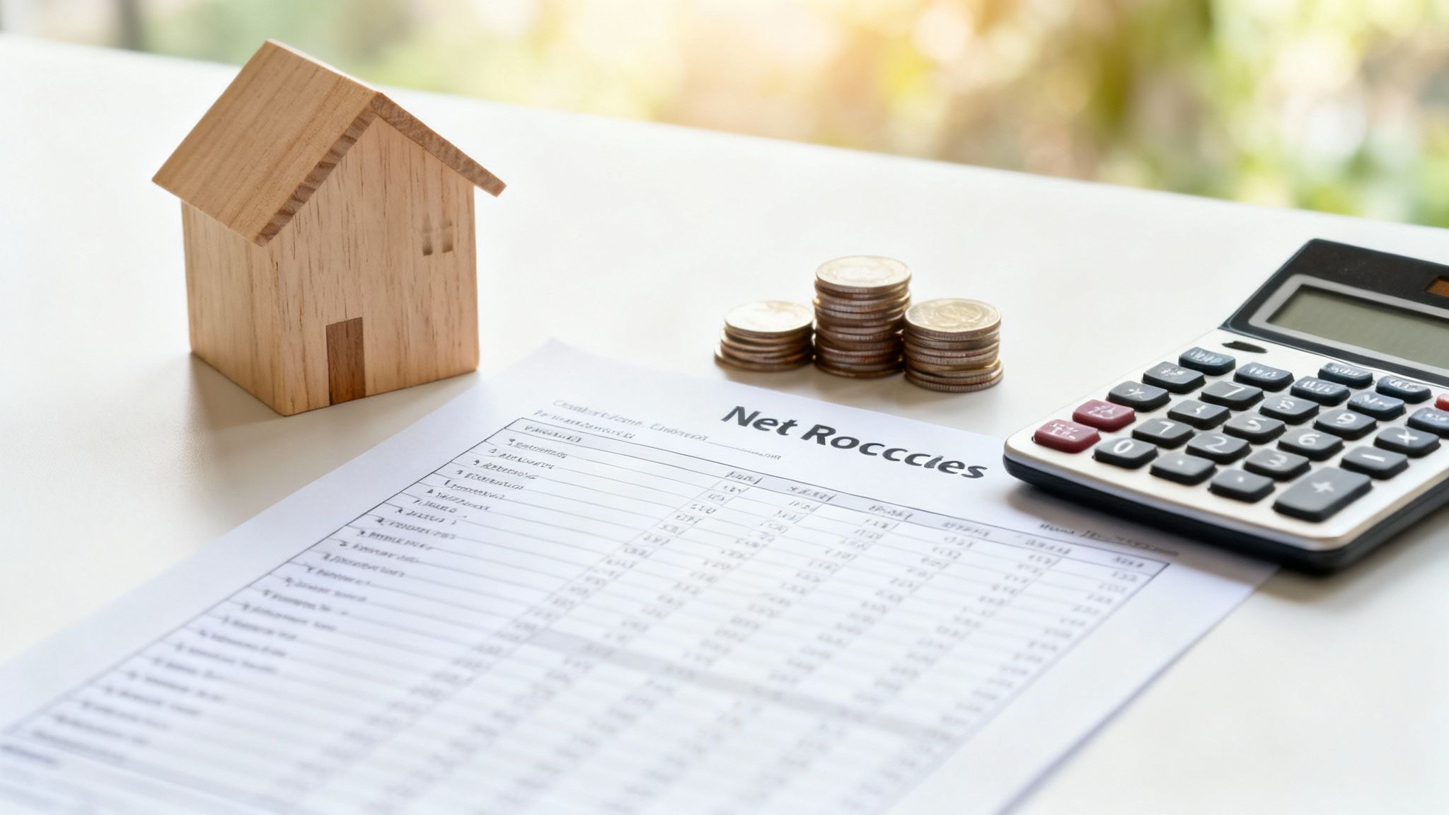 A wooden house model, stacks of coins, and a calculator on a financial document, symbolizing home finance.