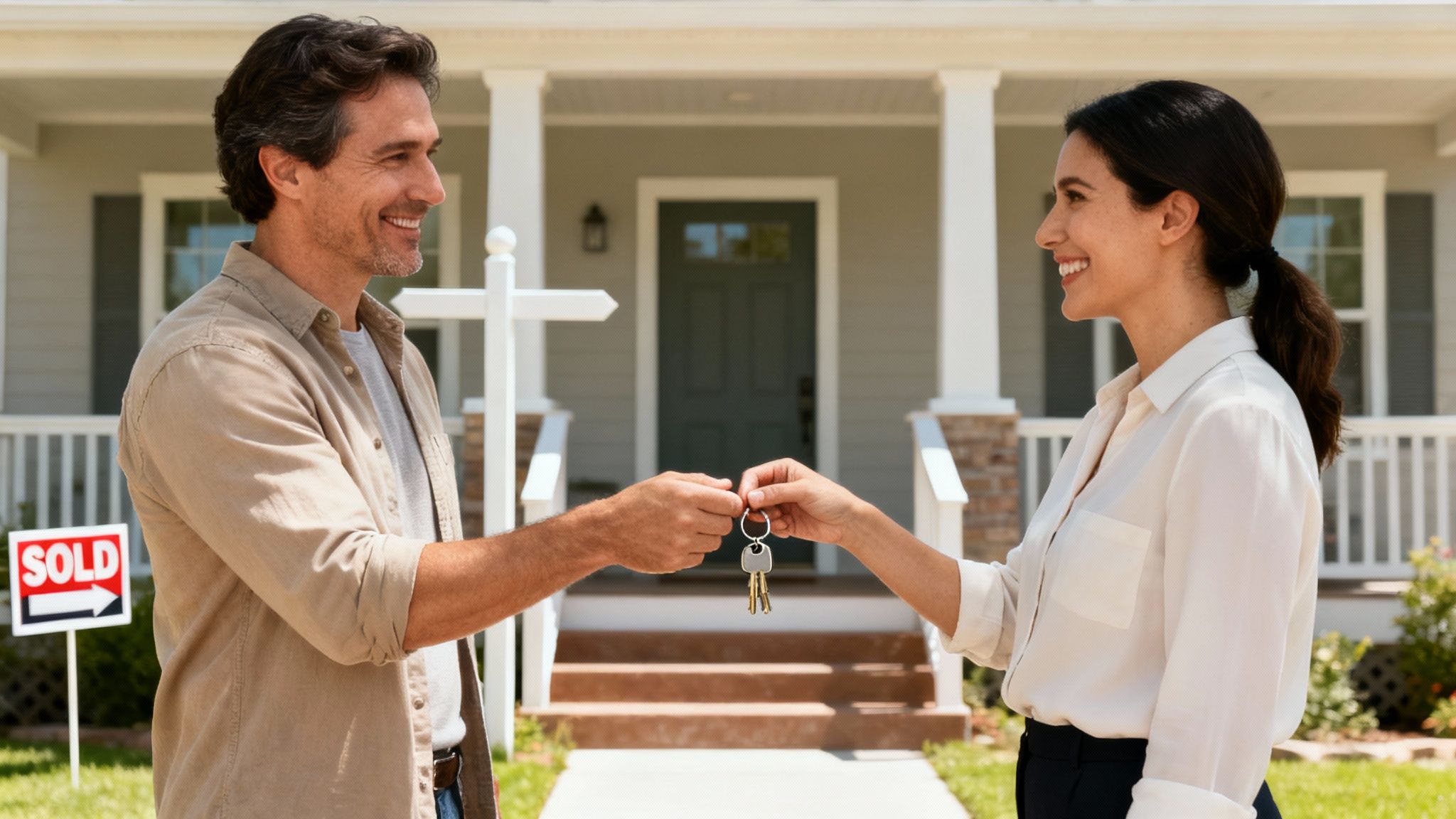 A man and woman smiling as keys are exchanged in front of a sold house.
