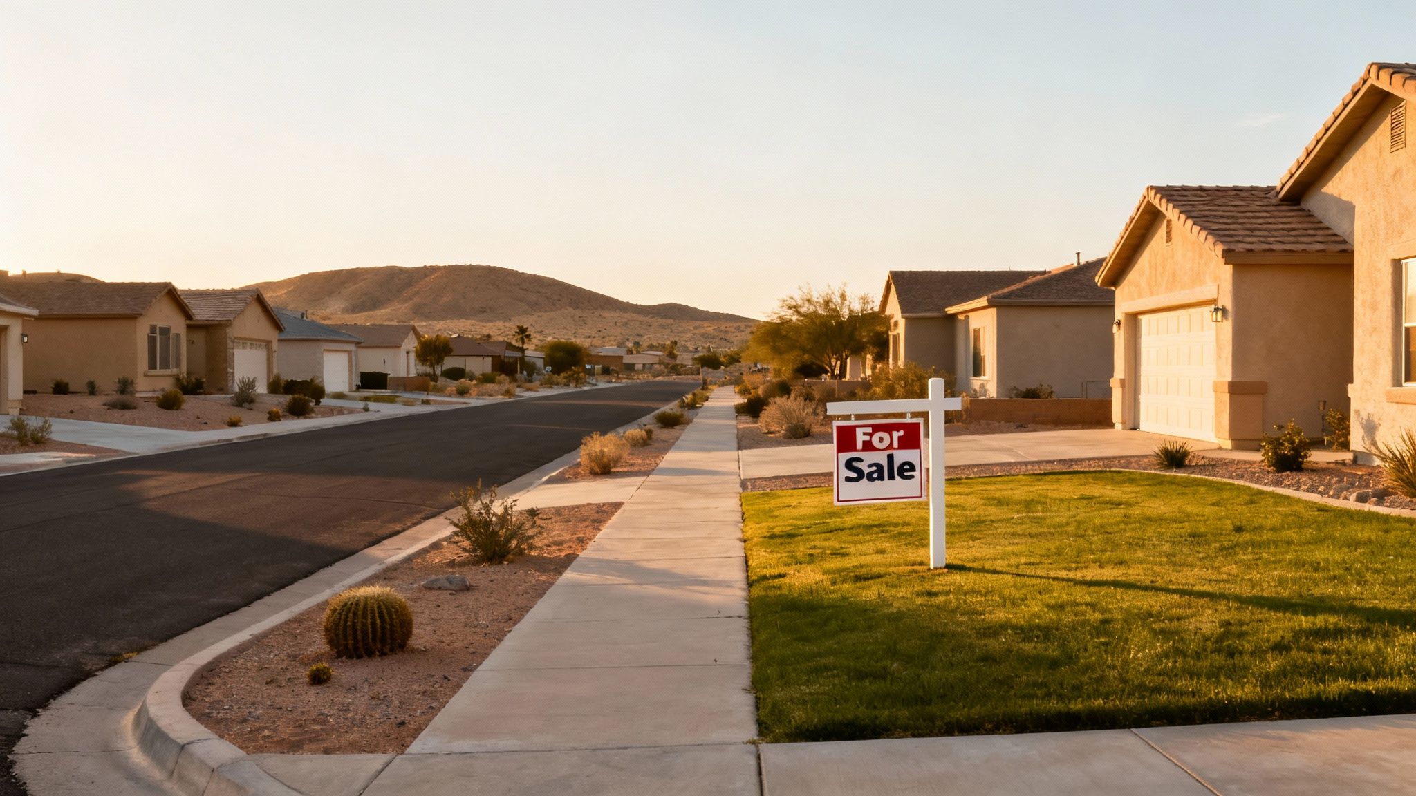 A 'For Sale' sign stands on a green lawn in a desert neighborhood with houses under warm light.