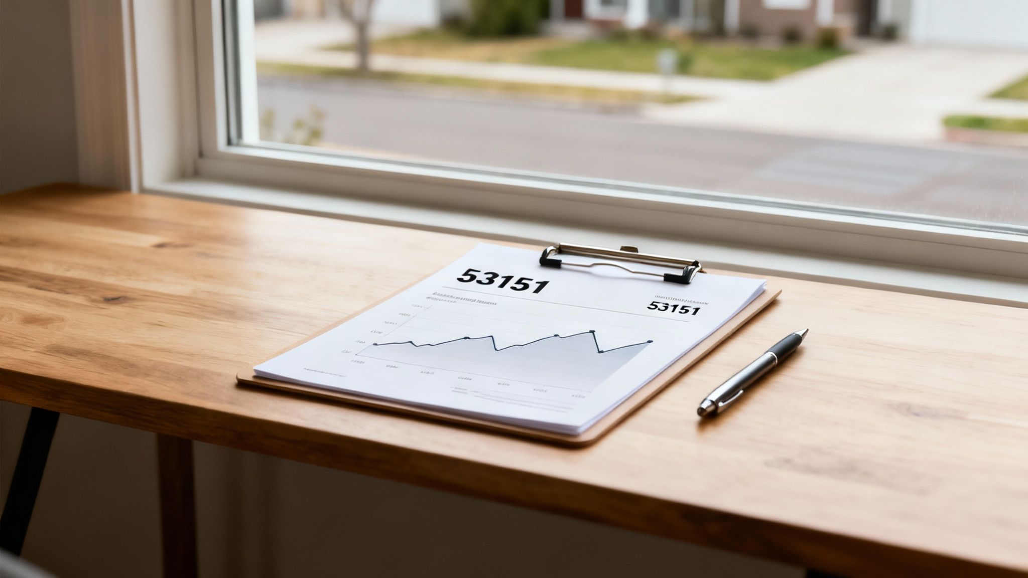 A clipboard displaying a financial graph with the number 53151 and a pen on a wooden desk.