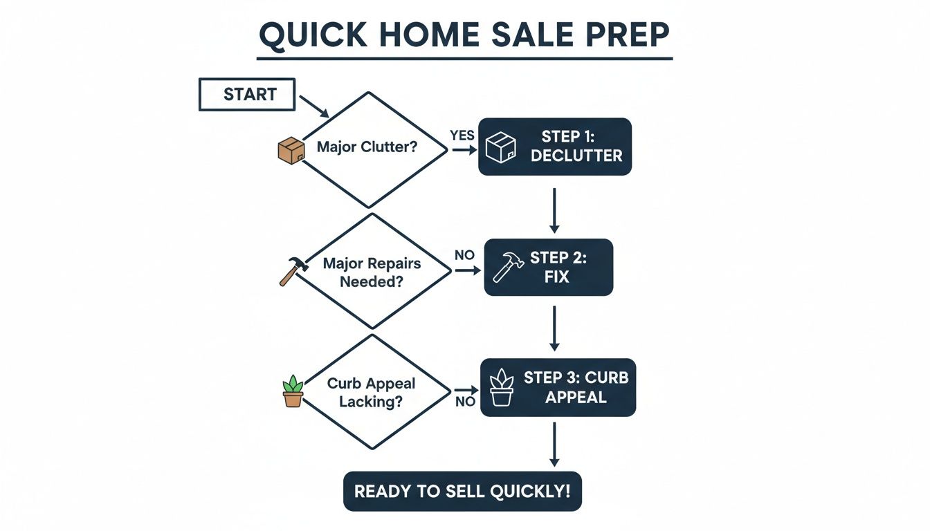 Flowchart detailing steps for quick home sale preparation, including decluttering, repairs, and curb appeal.