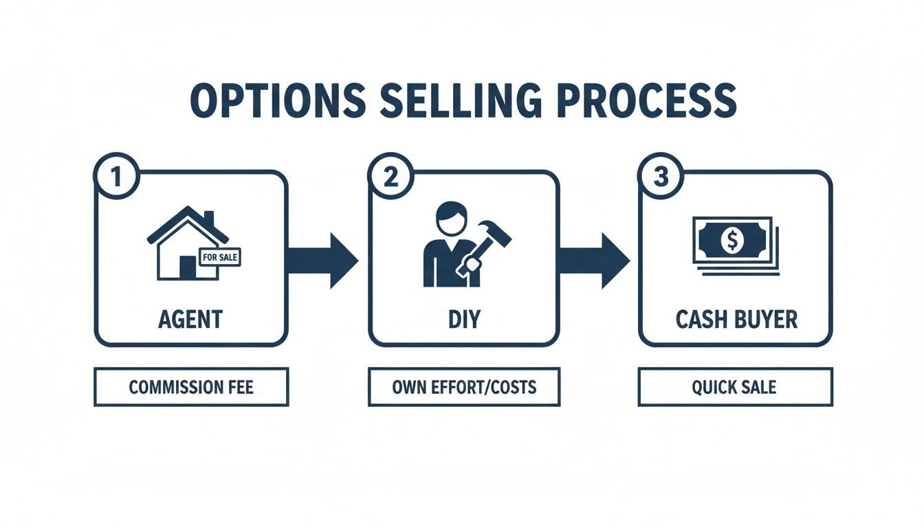 Infographic comparing three options for selling a house: agent, DIY, and cash buyer, highlighting pros and cons.