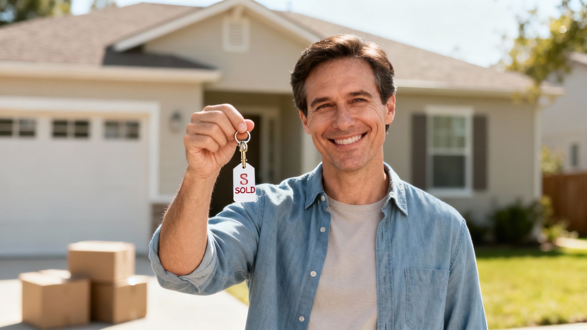 Happy man holding new house keys with a 'SOLD' tag in front of his home.