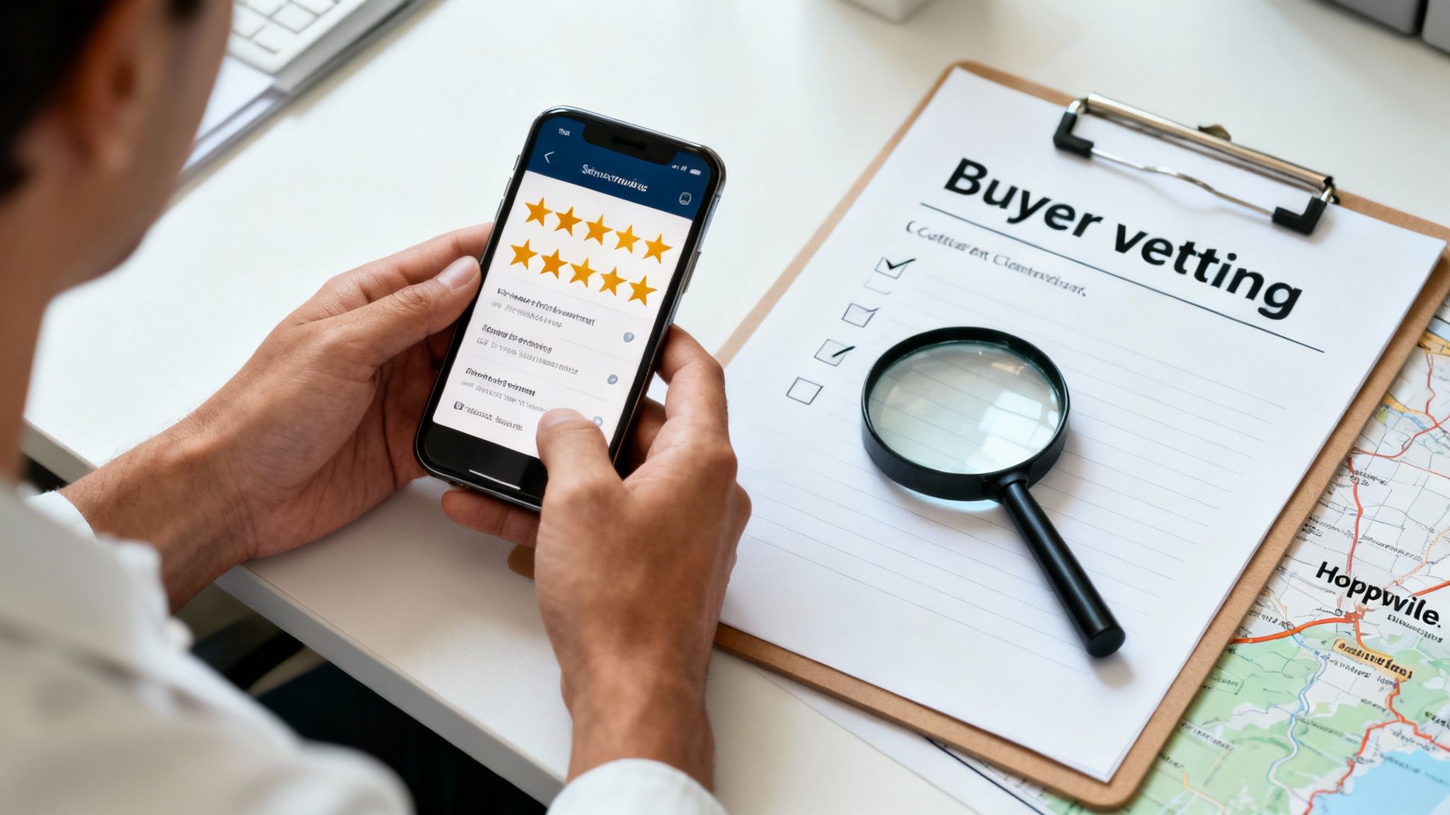A person holds a smartphone displaying a 5-star review app, with a 'Buyer vetting' checklist and map on a desk.