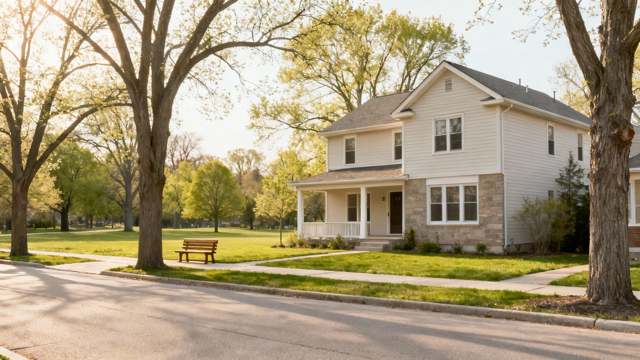 A charming two-story house with a stone foundation and porch sits beside a green park with mature trees.