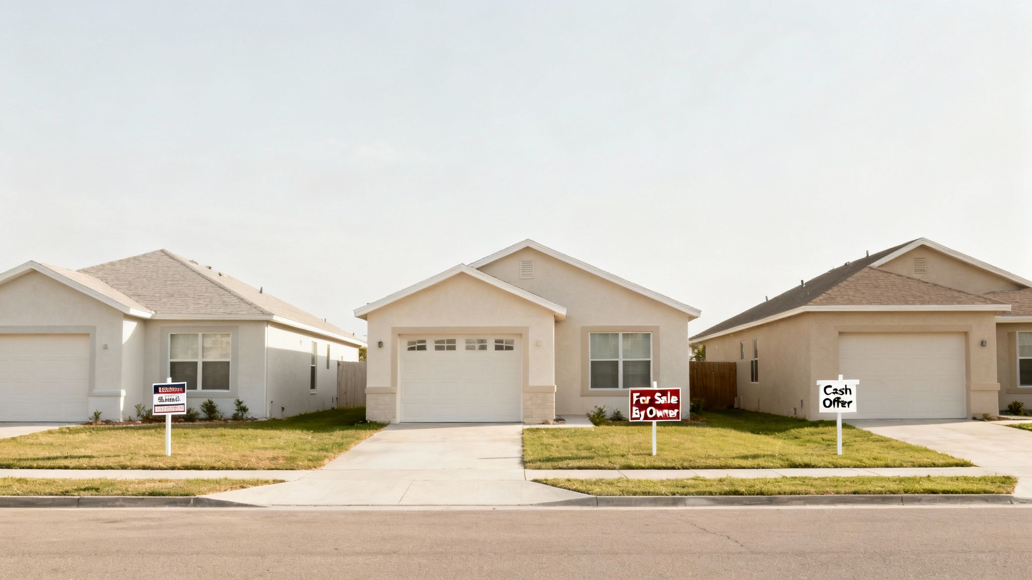 Three single-story houses with real estate signs indicating 'Sold', 'For Sale By Owner', and 'Cash Offer'.
