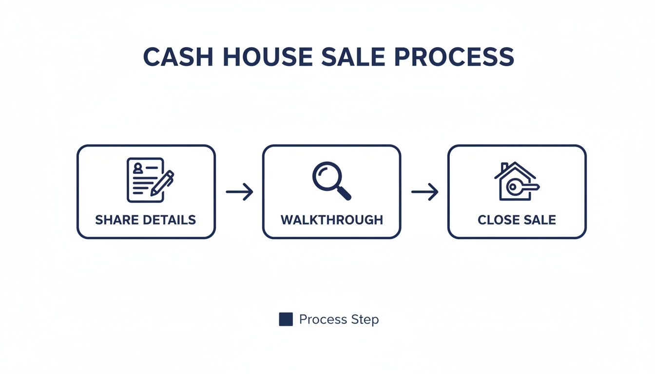 A cash house sale process infographic showing three steps: share details, walkthrough, and close sale.