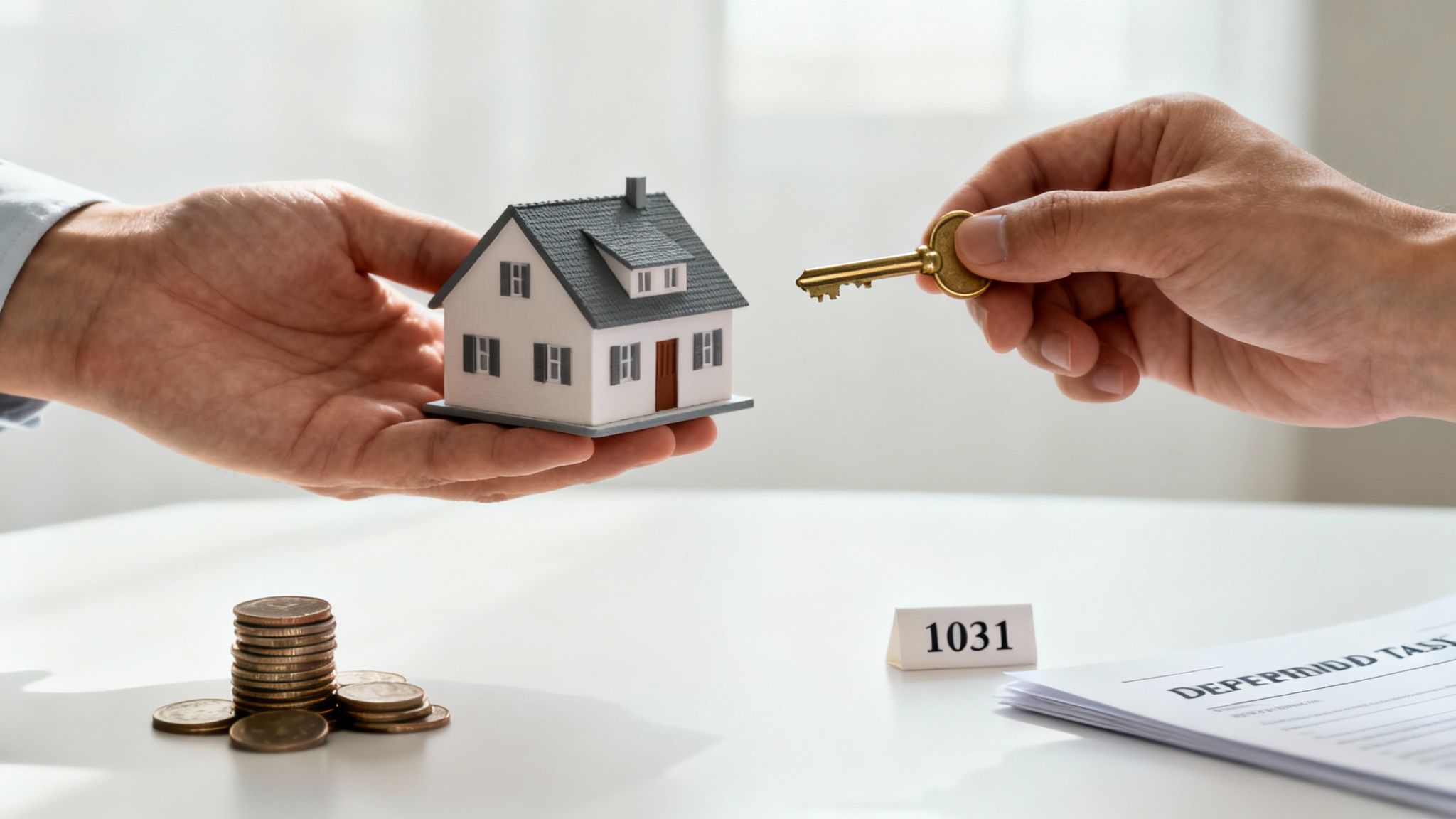 Hands exchanging a house model for a key, with coins and '1031' sign on the table.