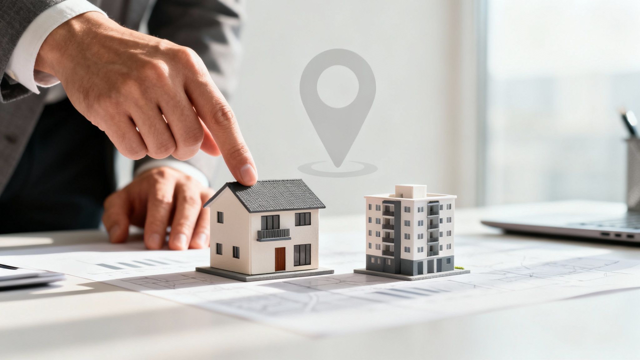 A hand points at a miniature house model, with an apartment building and location pin, symbolizing real estate.