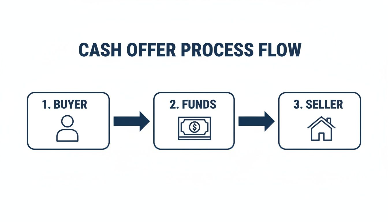 A flowchart illustrates the cash offer process, showing the buyer, funds, and seller.