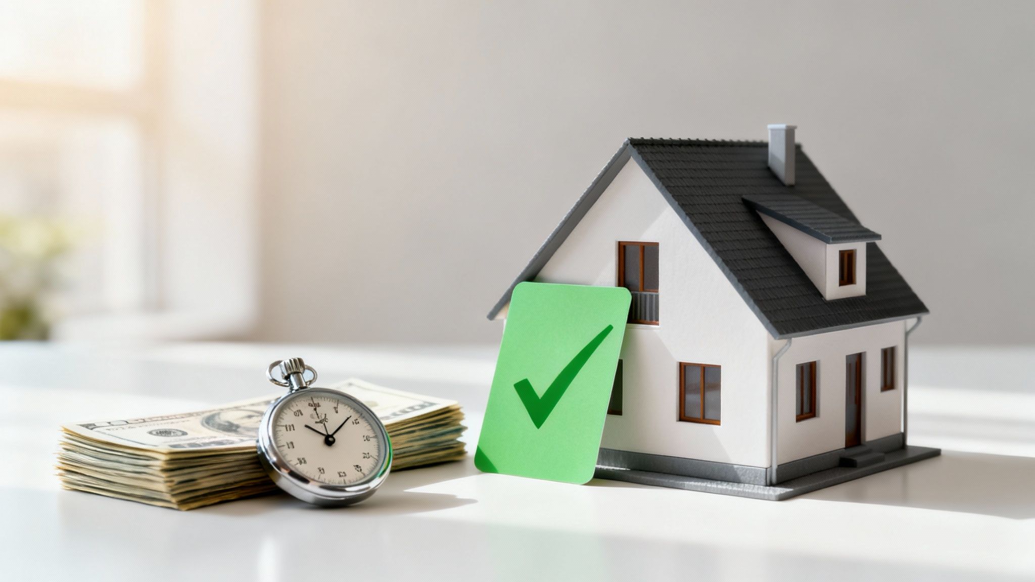 A model house, a stack of money, and a stopwatch with a green checkmark card.