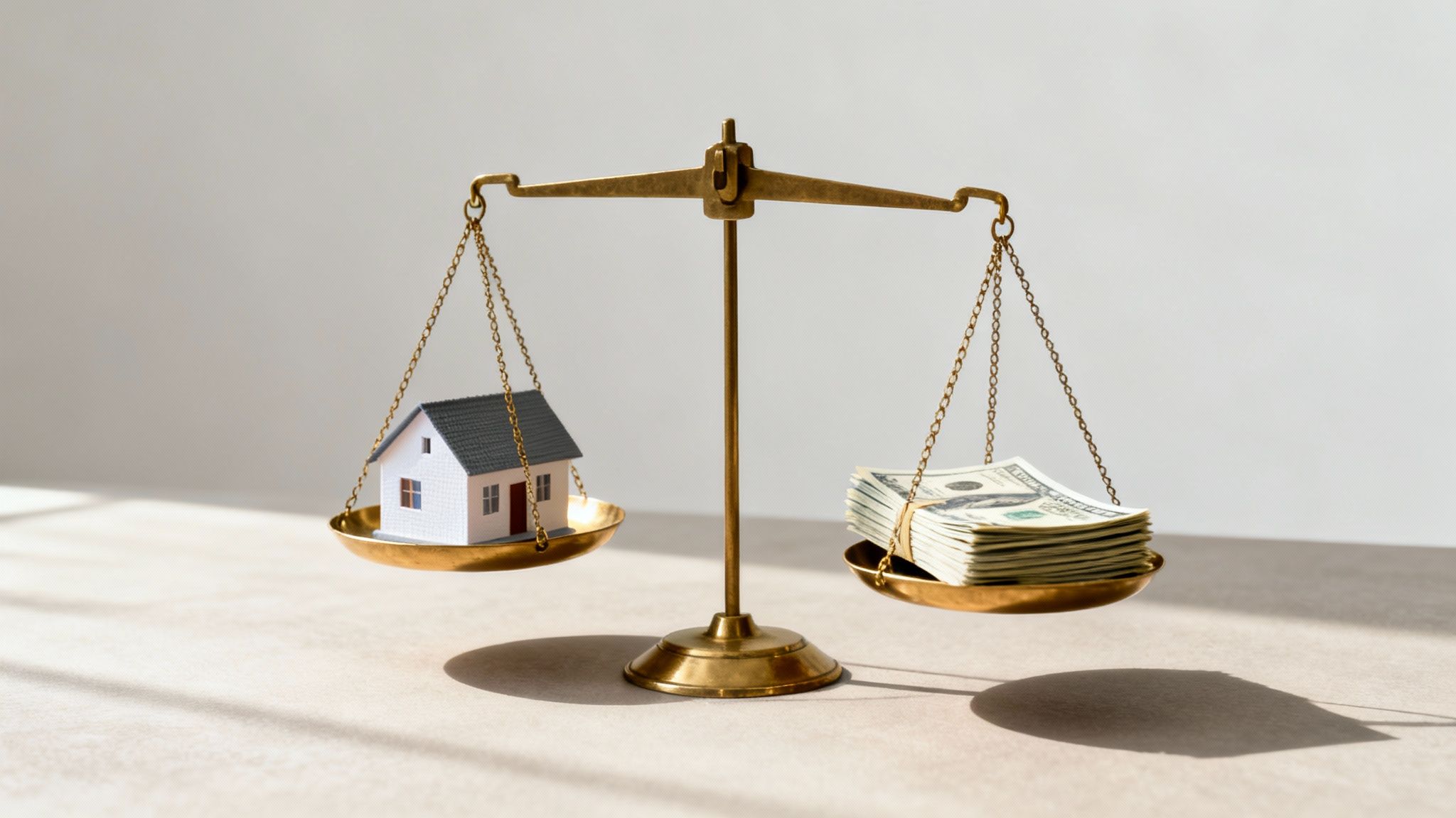 A brass scale balancing a miniature house on one pan and a stack of hundred-dollar bills on the other.