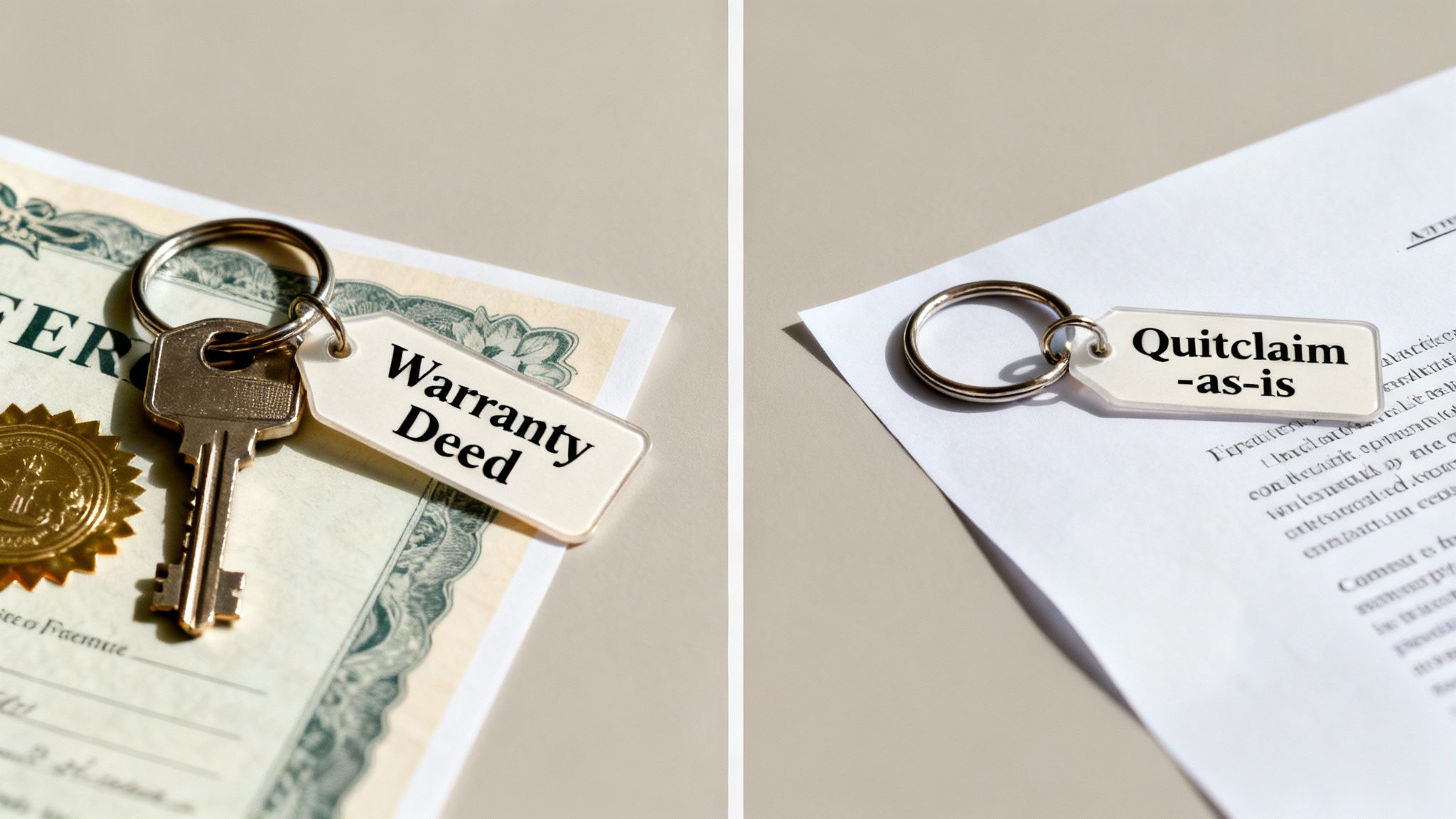 Two keychains with keys, one labeled 'Warranty Deed' and the other 'Quitclaim -as-is', on legal documents.