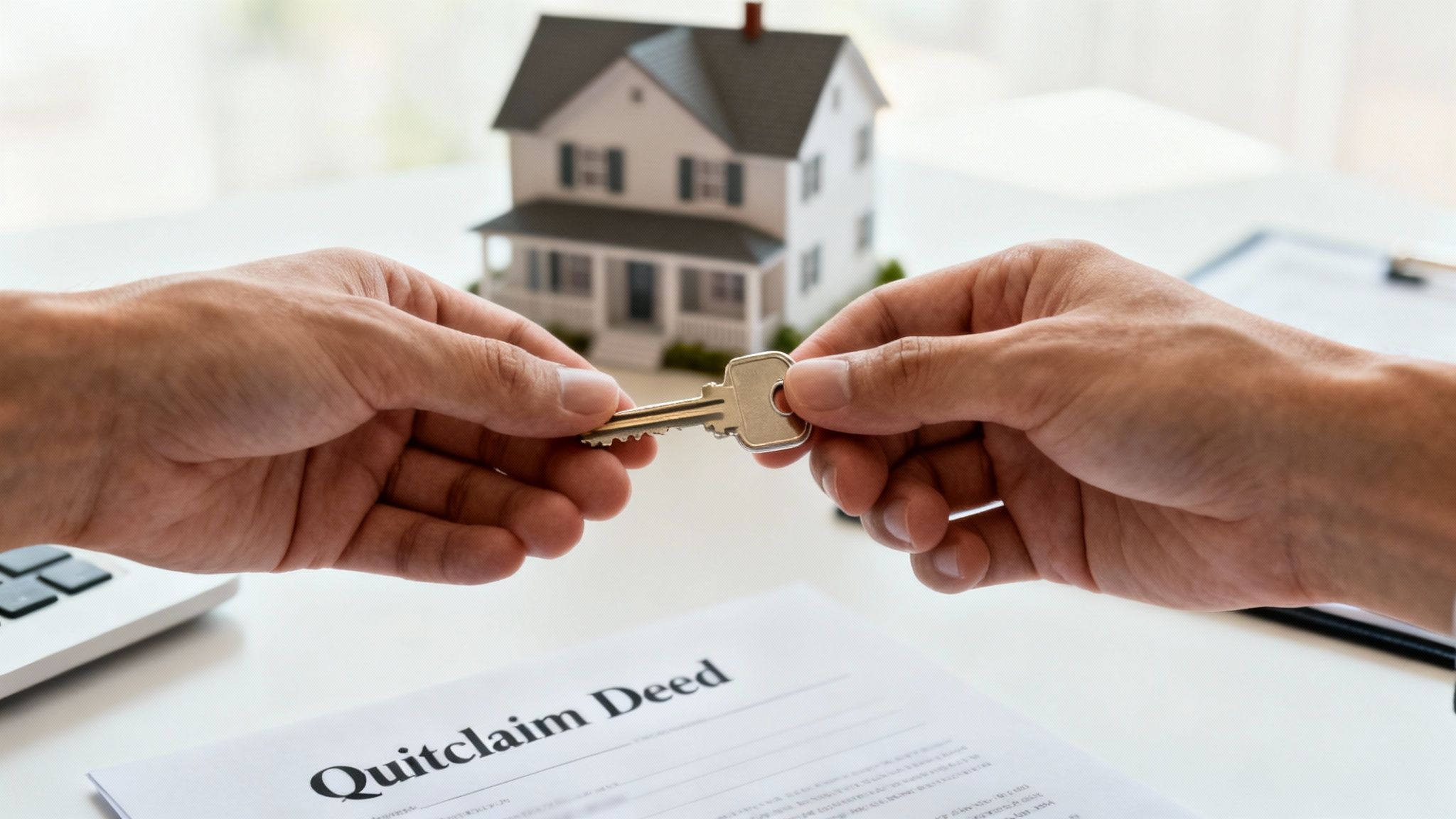 Hands exchanging a house key over a Quitclaim Deed document with a miniature house model.