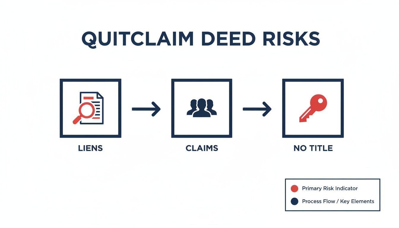 Infographic illustrating quitclaim deed risks: liens, claims, and ultimately no valid title.