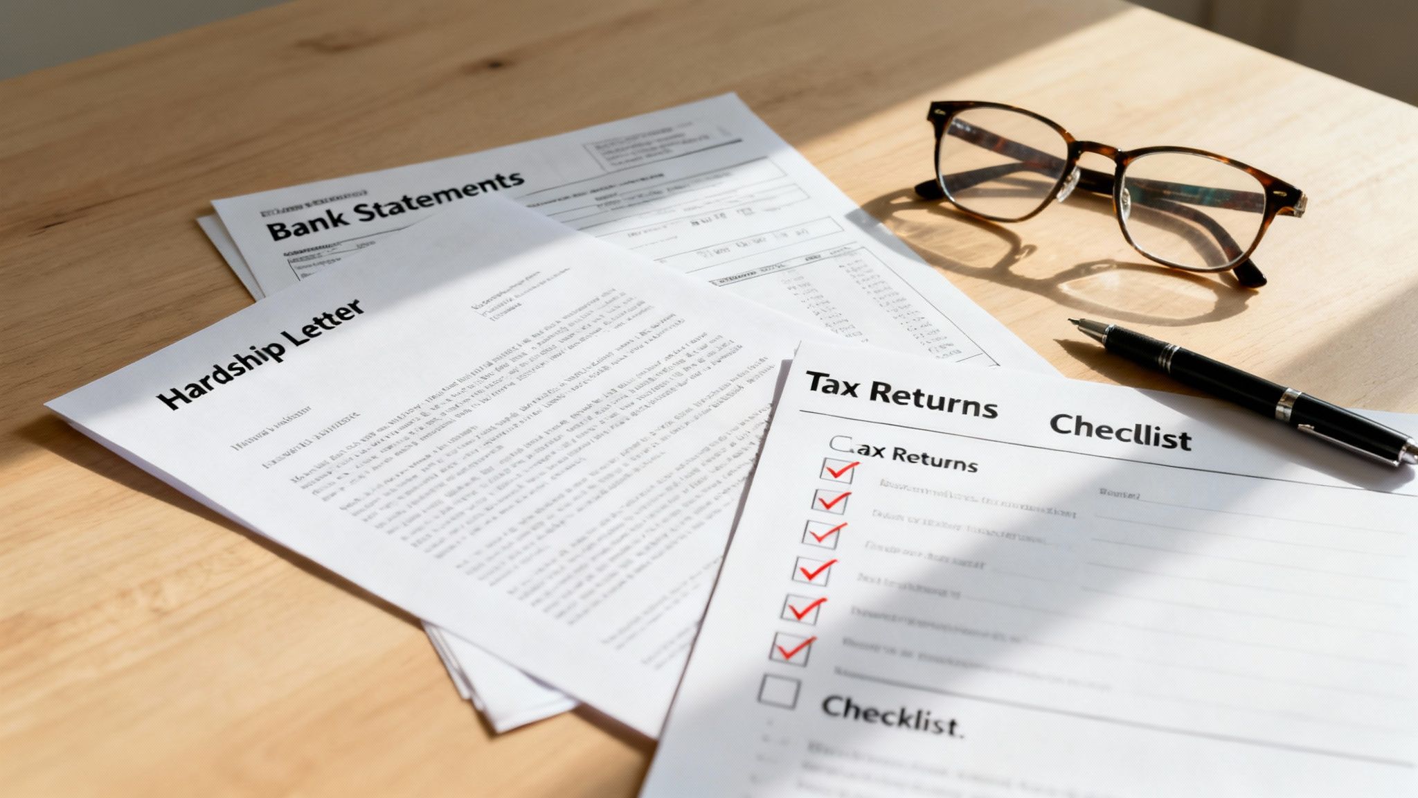 A table with financial documents like a hardship letter, bank statements, and tax checklist, alongside glasses and a pen.