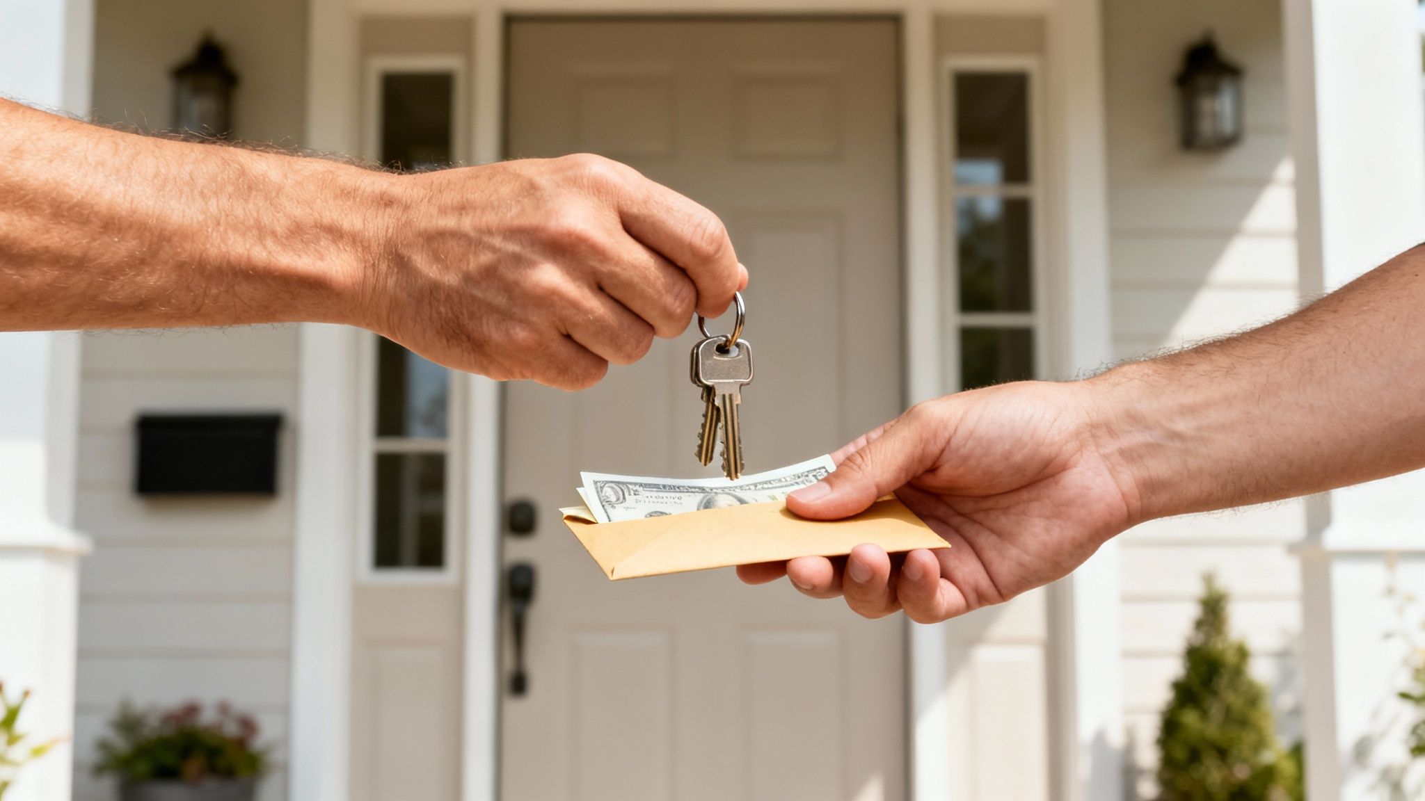 Two hands exchanging house keys for money in an envelope, symbolizing a real estate transaction.