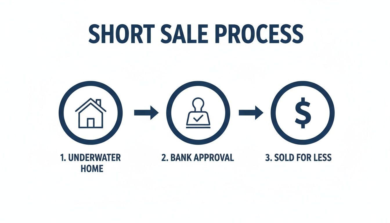 A diagram outlining the short sale process with three steps: Underwater Home, Bank Approval, and Sold for Less.